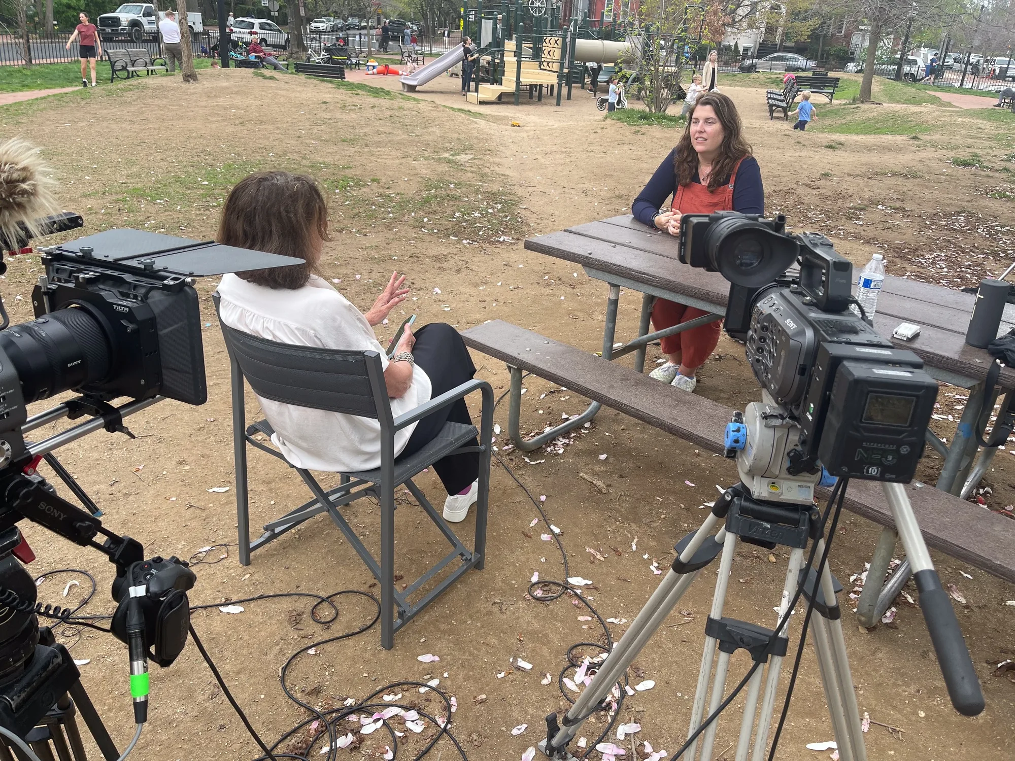 Two-camera documentary interview in a Washington neighborhood park