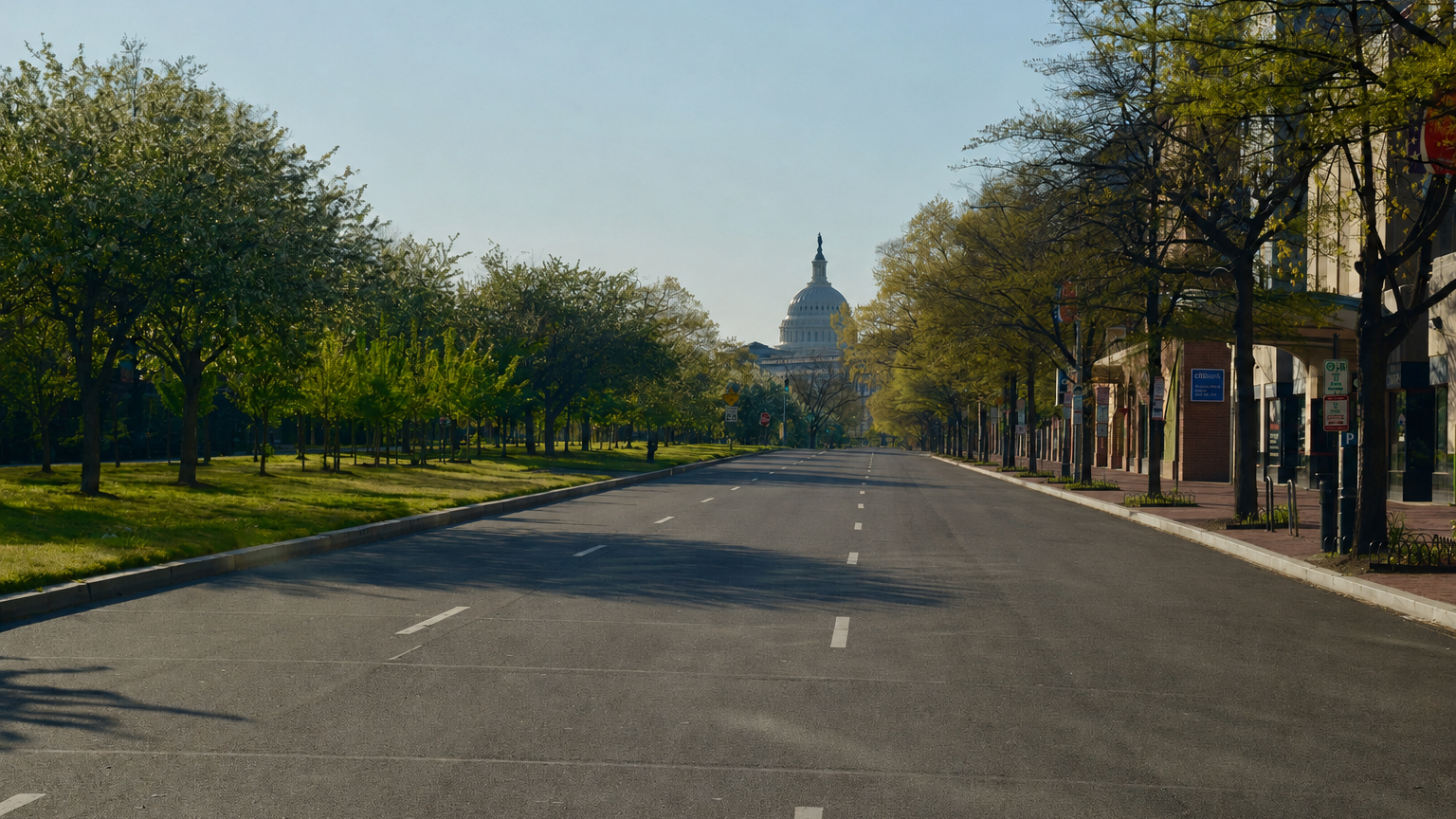 An almost empty Pennsylvania Avenue looking toward the US Capitol in spring 2020